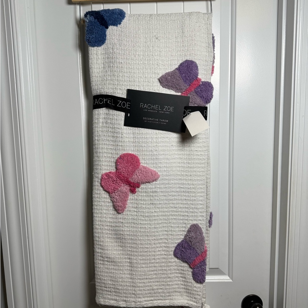 Rachel Zoe White Blanket with Pink and Purple Butterfly Design